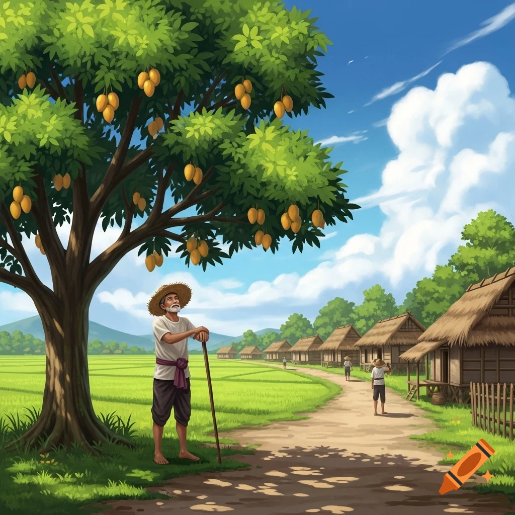 An old farmer in a straw hat under a mango tree, overlooking an illustrated village with rice fields and huts.