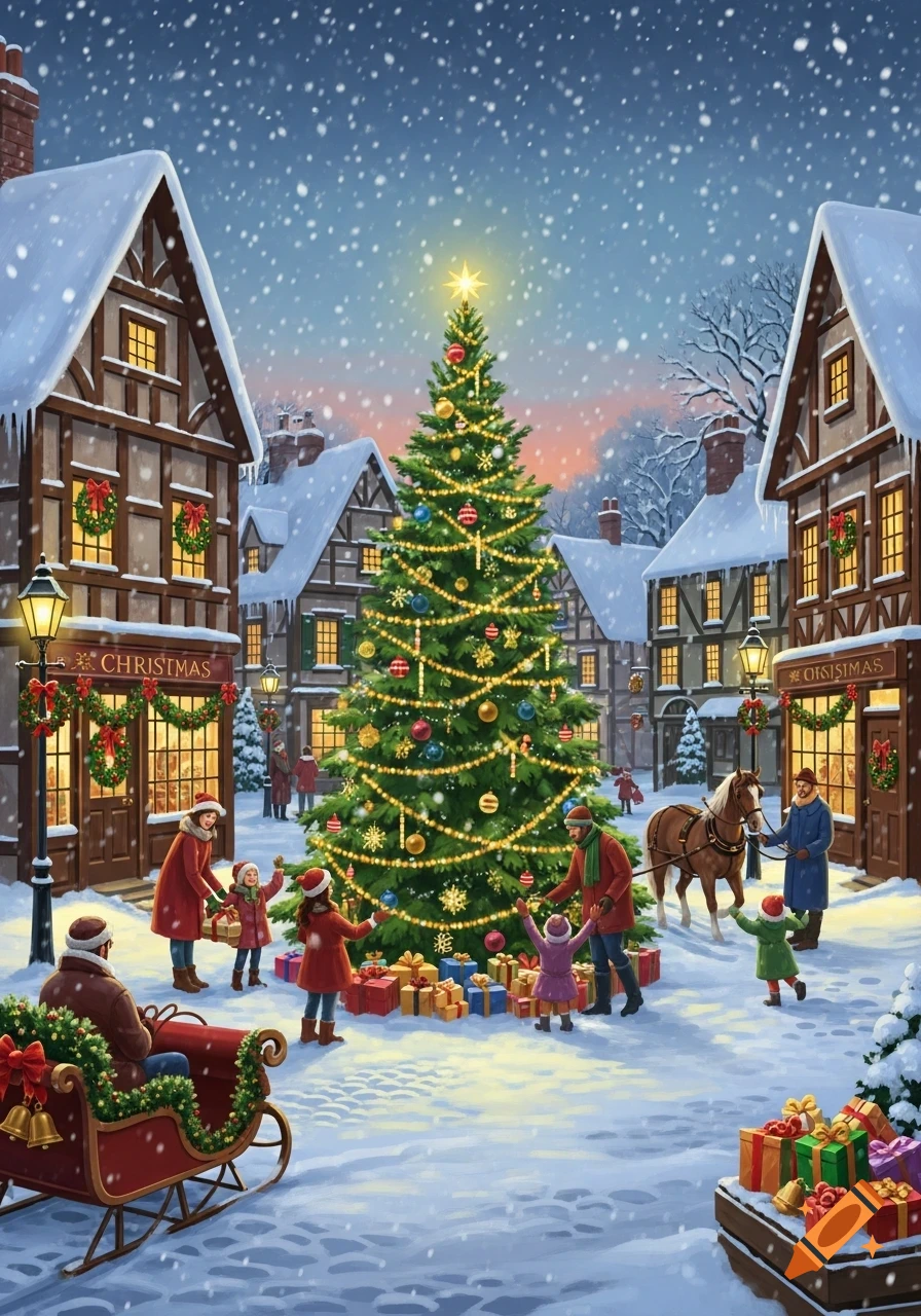 A snowy Christmas village scene with people decorating a large tree, opening gifts, and a horse-drawn sleigh, under falling snow.