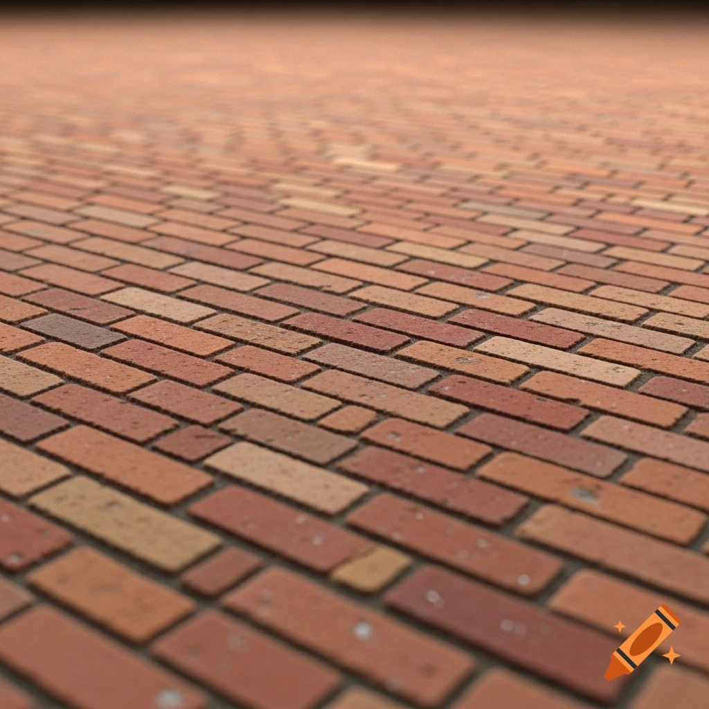 Close-up, low-angle view of a reddish-brown brick surface with small, textured bricks, showing shallow depth of field.