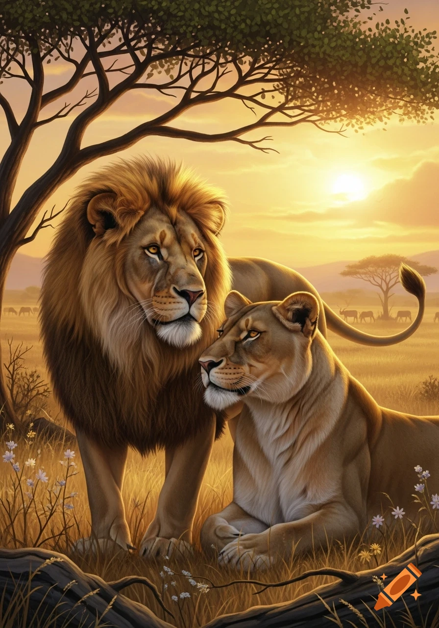 A majestic male and female lion in a warm, golden savanna at sunset, under a large tree.