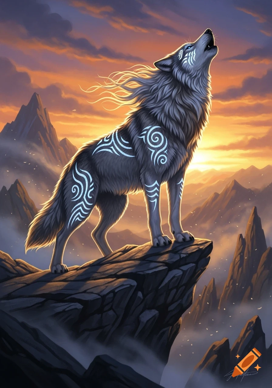 Mythical wolf with glowing white tribal markings howling on a mountain cliff at sunset, fantasy art.