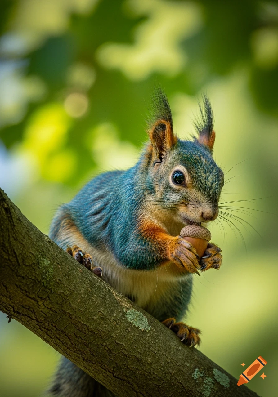 A vibrant blue, green, and orange squirrel sits on a tree branch, holding an acorn. Photorealistic.