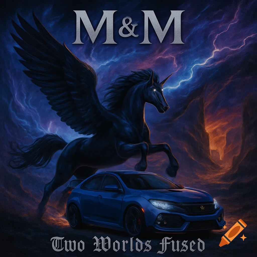Fantasy album cover: A black winged unicorn and a blue car against a stormy sky, with text 'M & M' and 'Two Worlds Fused'.