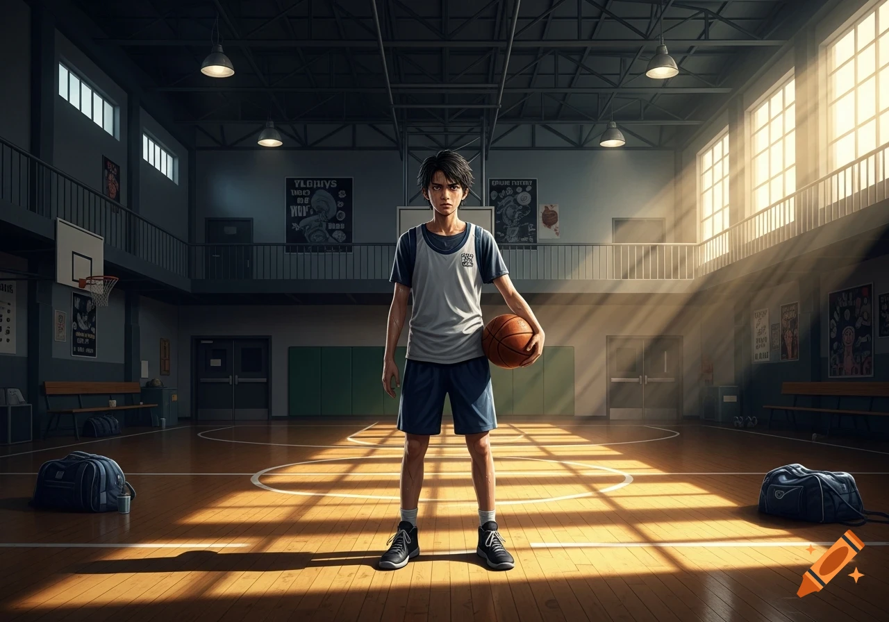 A young, determined person in an anime style stands in a sunlit basketball court, holding a basketball.