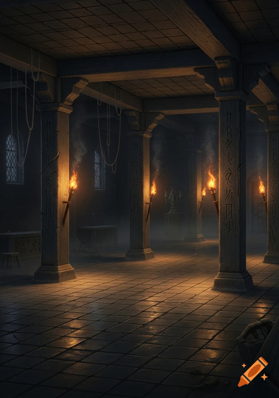 A gloomy, torch-lit stone dungeon room with towering pillars inscribed with runes, a tiled floor, and distant windows.