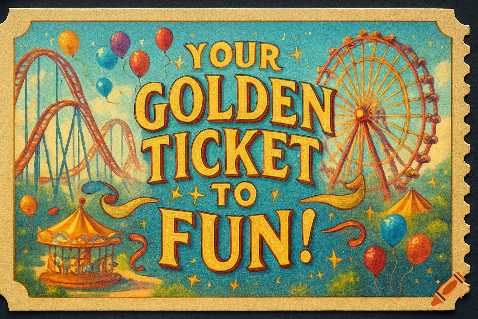 Vintage carnival ticket illustration with "YOUR GOLDEN TICKET TO FUN!", showing a Ferris wheel, roller coaster, and carousel.