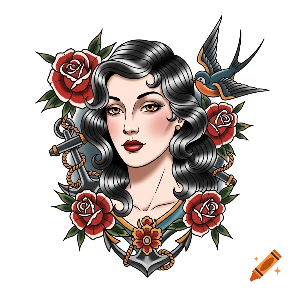 Old-school tattoo design of a woman with dark hair, red lips, surrounded by red roses, a swallow, and an anchor.