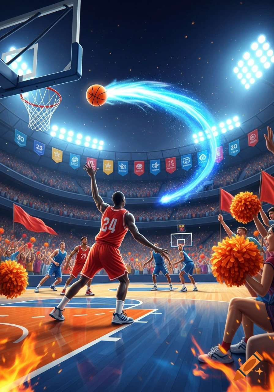 Dynamic basketball game in a vibrant stadium with a player shooting, a glowing ball trail, and cheering fans.