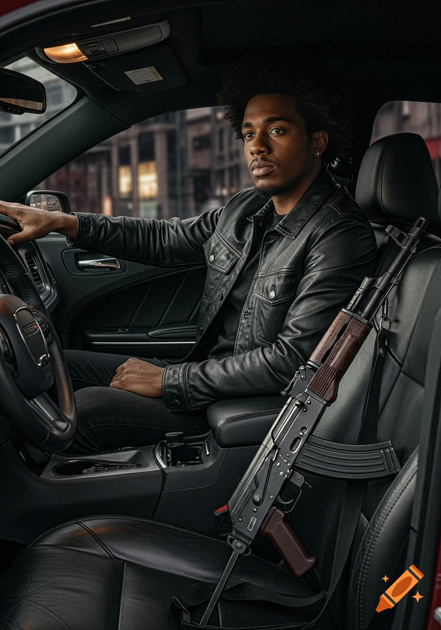A photorealistic image of a handsome Black American man with curly hair sitting inside a Dodge Charger, an AK-47 rifle on the passenger seat.