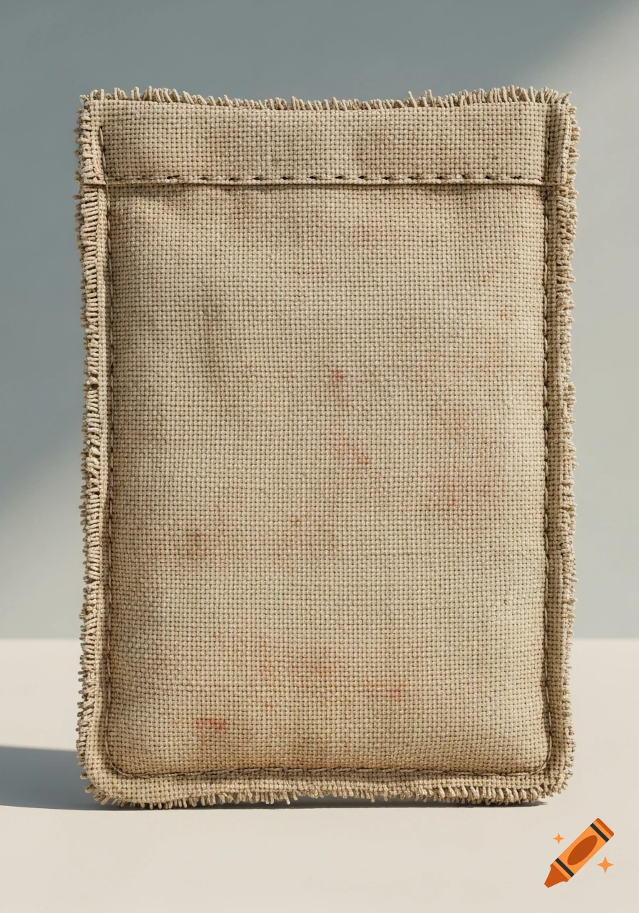 A generic rectangular case made from light brown burlap-like fabric with fringed edges and faint reddish splotches.