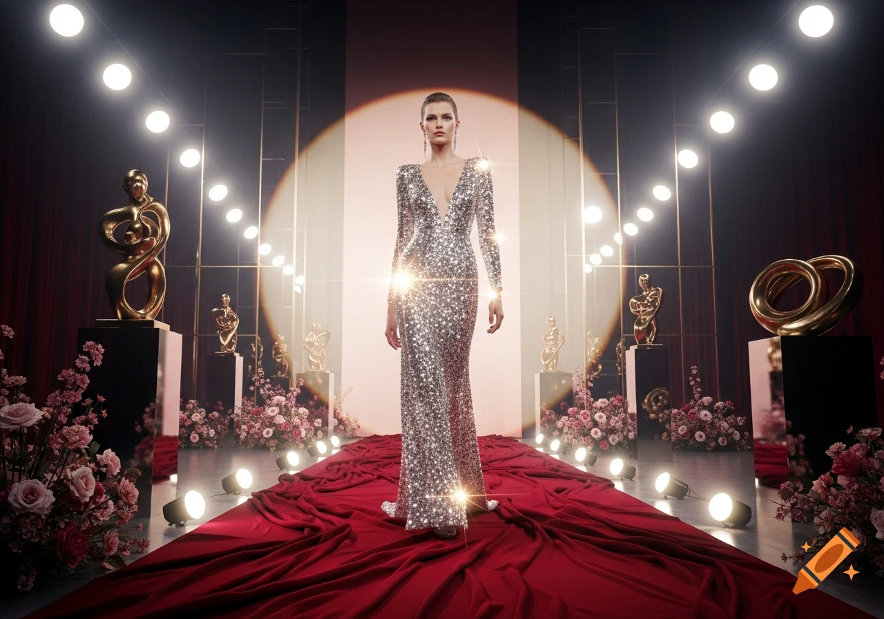 A woman in a sparkling silver gown walks down a red carpet lined with gold statues, pink flowers, and spotlights.