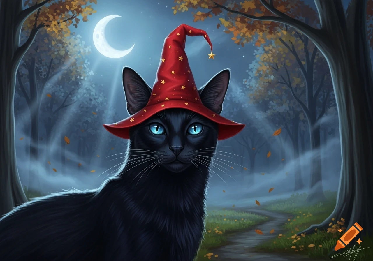 A mystical black cat with bright blue eyes wears a red wizard hat with gold stars, standing in a moonlit autumn forest.