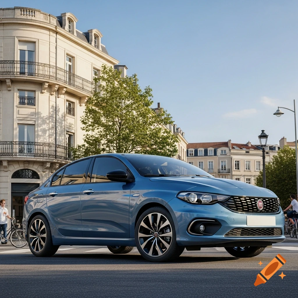 A blue Fiat Tipo sedan parked on a city street in front of elegant buildings under a clear sky.