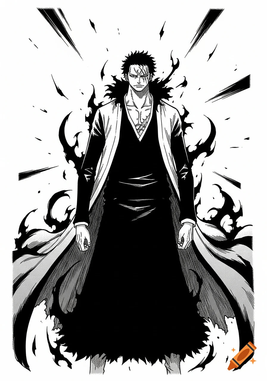 Full-body manga illustration of a stern man with spiky hair and facial scars, wearing a long dark coat, surrounded by dark energy.