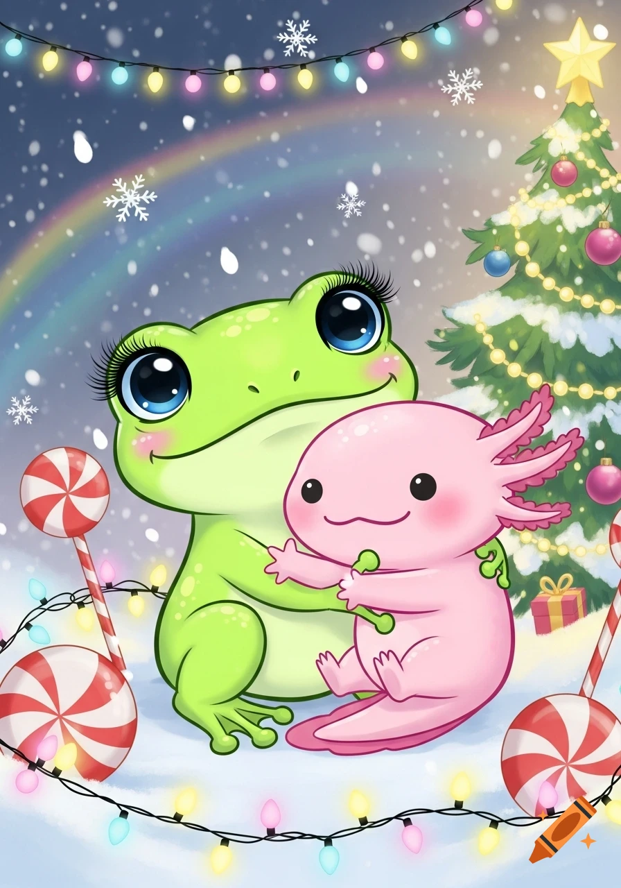 A cute green frog with long eyelashes hugs a pink axolotl in a snowy, festive Kawaii Christmas scene with a Christmas tree, rainbow, and string lights.