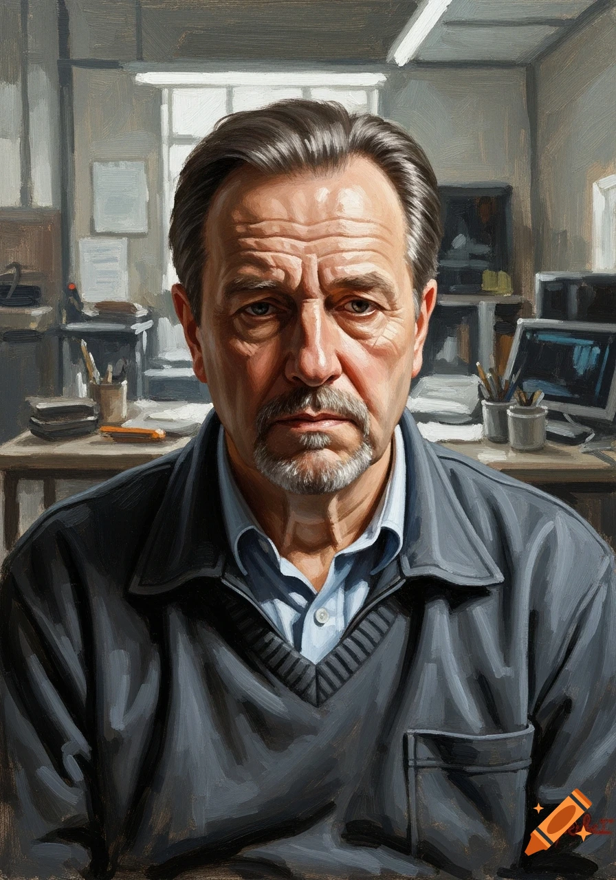Oil painting of a weary, middle-aged man with a goatee in a muted office.