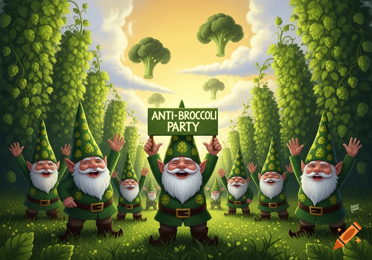 Cheerful gnomes in a vibrant green field surrounded by hop plants and floating broccoli. A central gnome holds an 'ANTI-BROCCOLI PARTY' sign.
