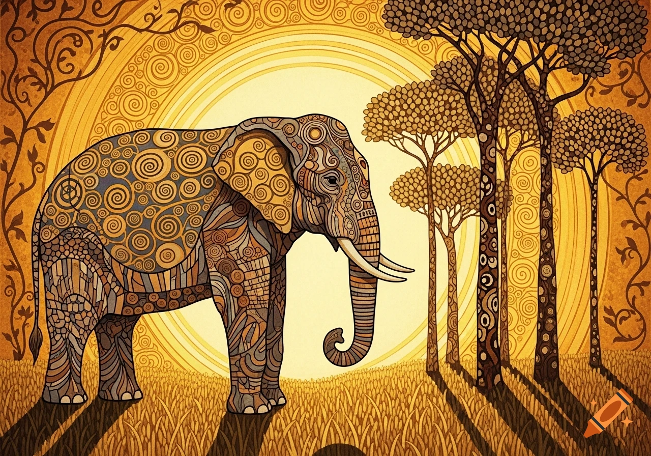 A majestic elephant in Gustav Klimt's art style, featuring intricate patterns and warm gold, yellow, and brown tones in a savannah scene.
