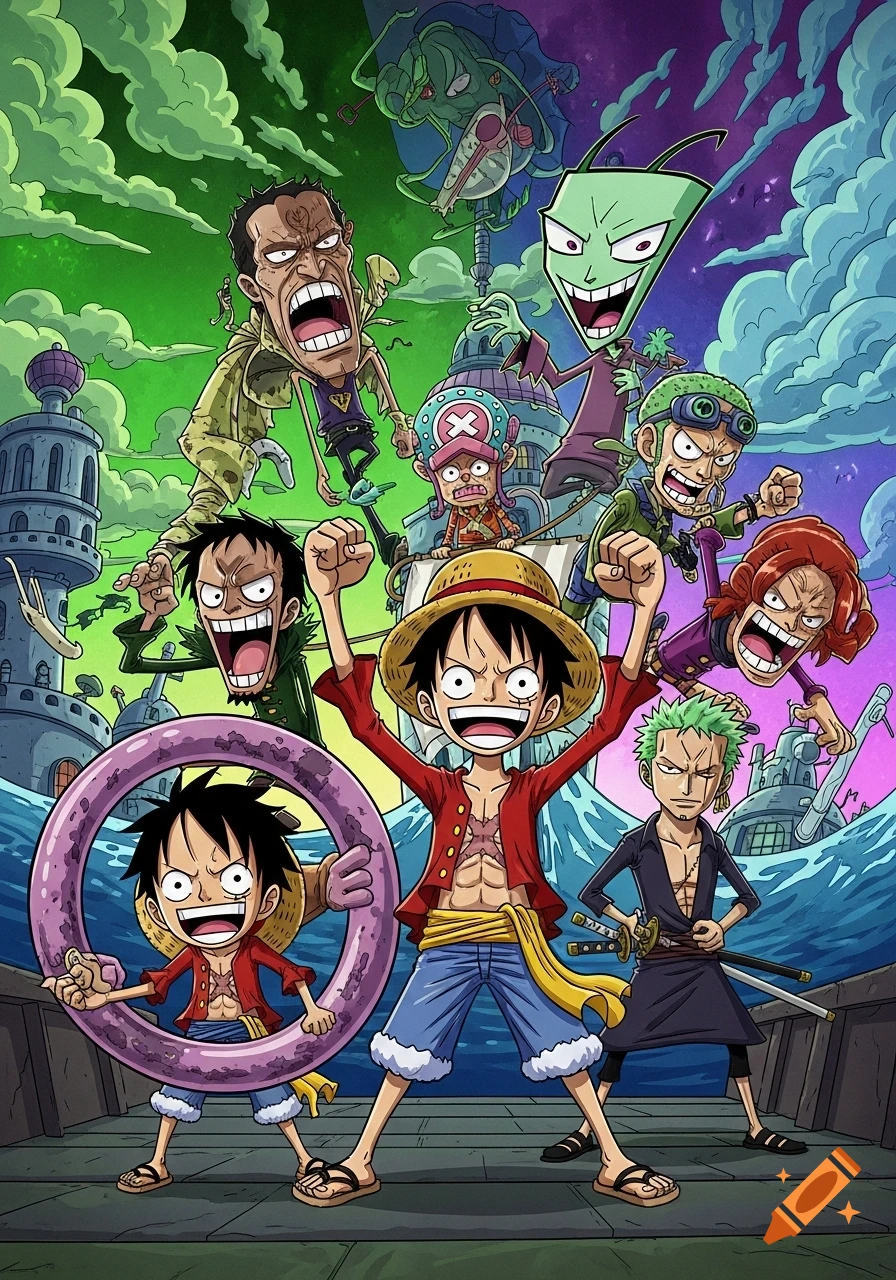 One Piece characters like Luffy, Zoro, and Chopper, along with Invader Zim, posed dramatically on a ship in the Invader Zim cartoon style.