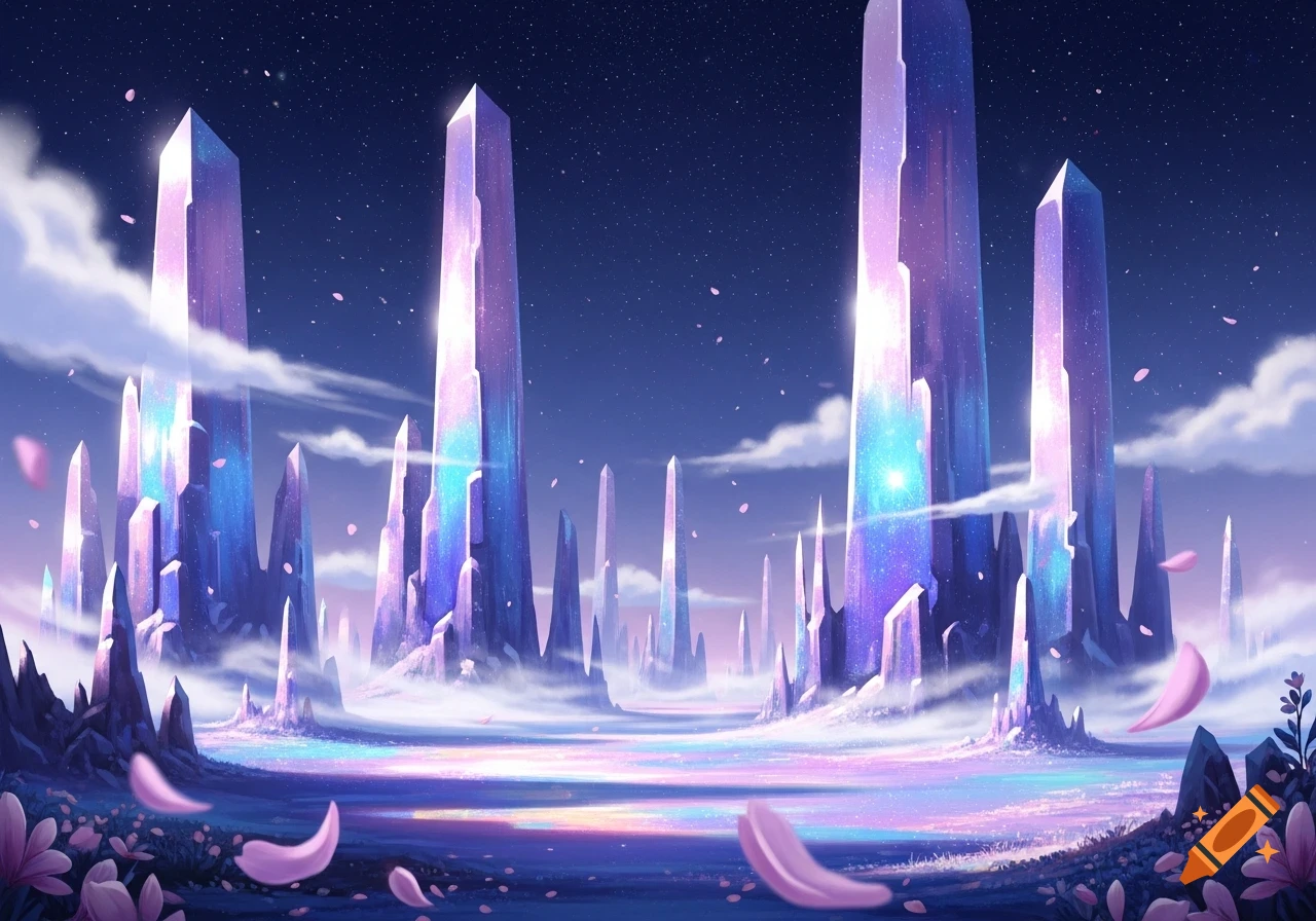 A dreamy fantasy landscape with tall, glowing purple and blue crystal spires under a starry night sky, with pink petals floating in the air.