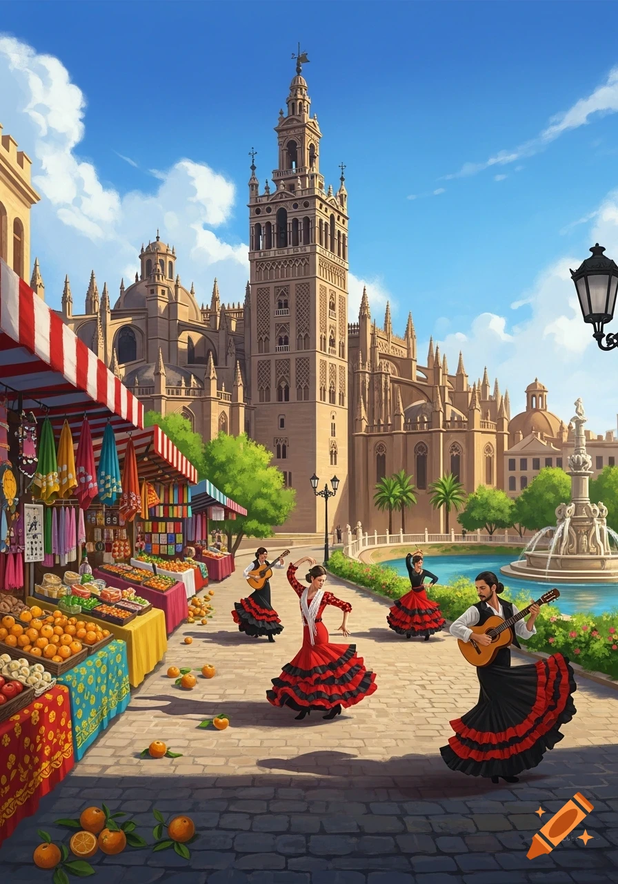 An illustrated street scene in Seville, Spain, with flamenco dancers, guitarists, market stalls, and a large cathedral under a blue sky.