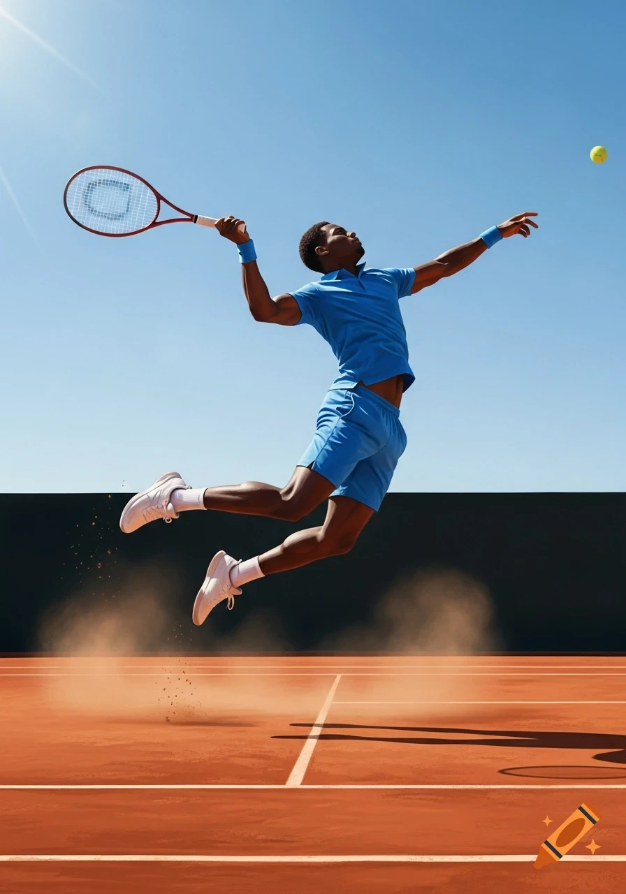 A male tennis player in a blue uniform leaps to hit a tennis ball on a sunny clay court.