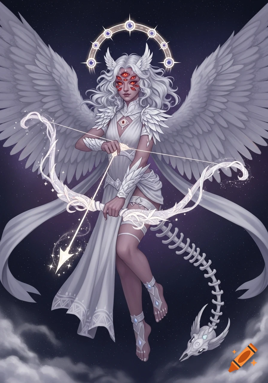 A white-haired, six-eyed angel with large white wings, a skeletal tail, and a glowing stardust bow and arrow, against a starry sky.