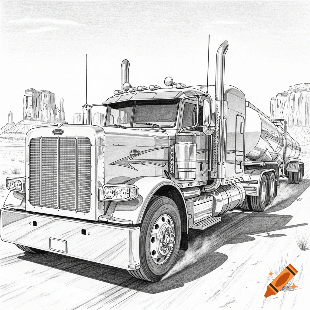 A detailed black and white sketch of a Peterbilt semi-truck pulling a fuel tanker trailer through a desert landscape with mesas.