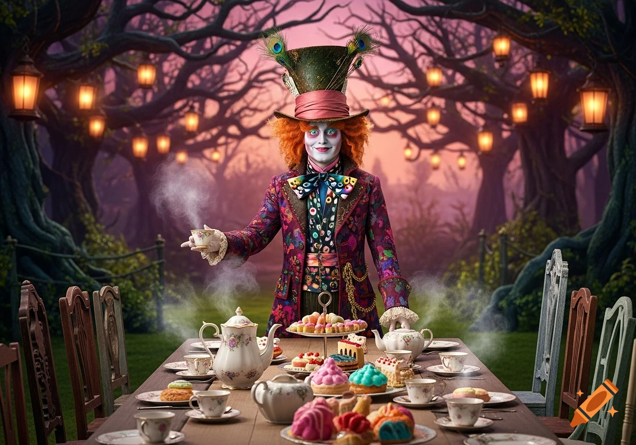 Photorealistic Mad Hatter at a fantasy tea party, holding a steaming teacup in an enchanted forest.