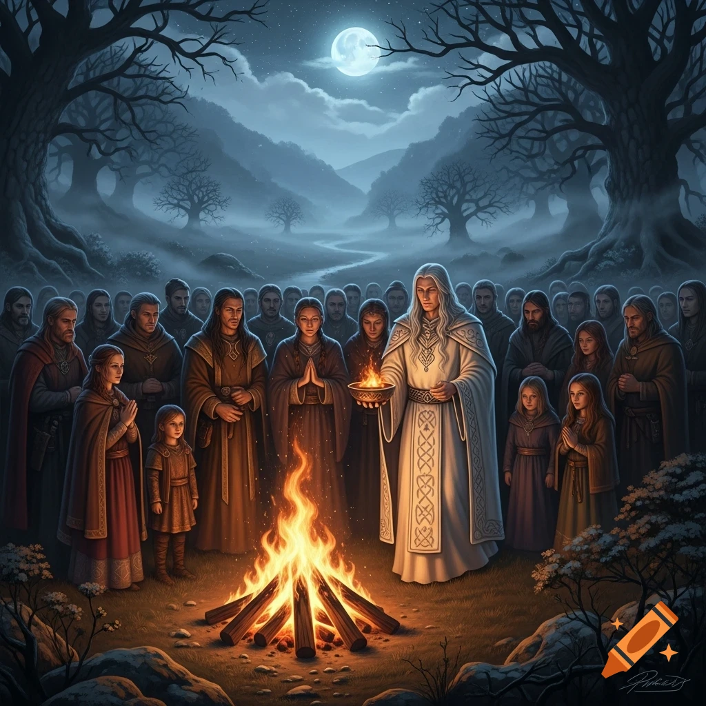 A group of people, including a druid in white robes holding glowing coals, gather around a bonfire in a misty forest at night under a full moon.
