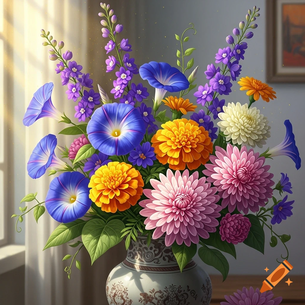 A vibrant bouquet of blue morning glories, purple larkspur, orange marigolds, and pink and white chrysanthemums in a decorative vase.