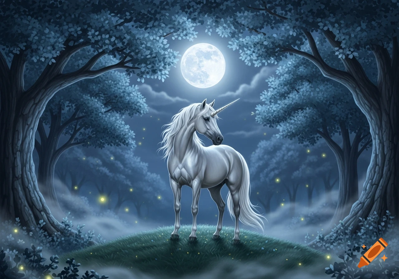 A majestic white unicorn stands on a grassy hill in a mystical moonlit forest, illuminated by a large full moon and glowing fireflies.