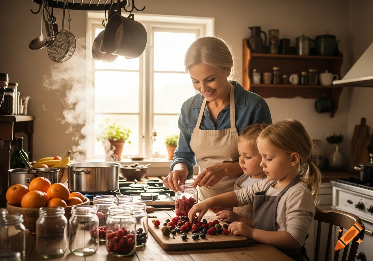 Photorealistic image of a smiling older woman and two young children making jam with berries in jars in a cozy kitchen.