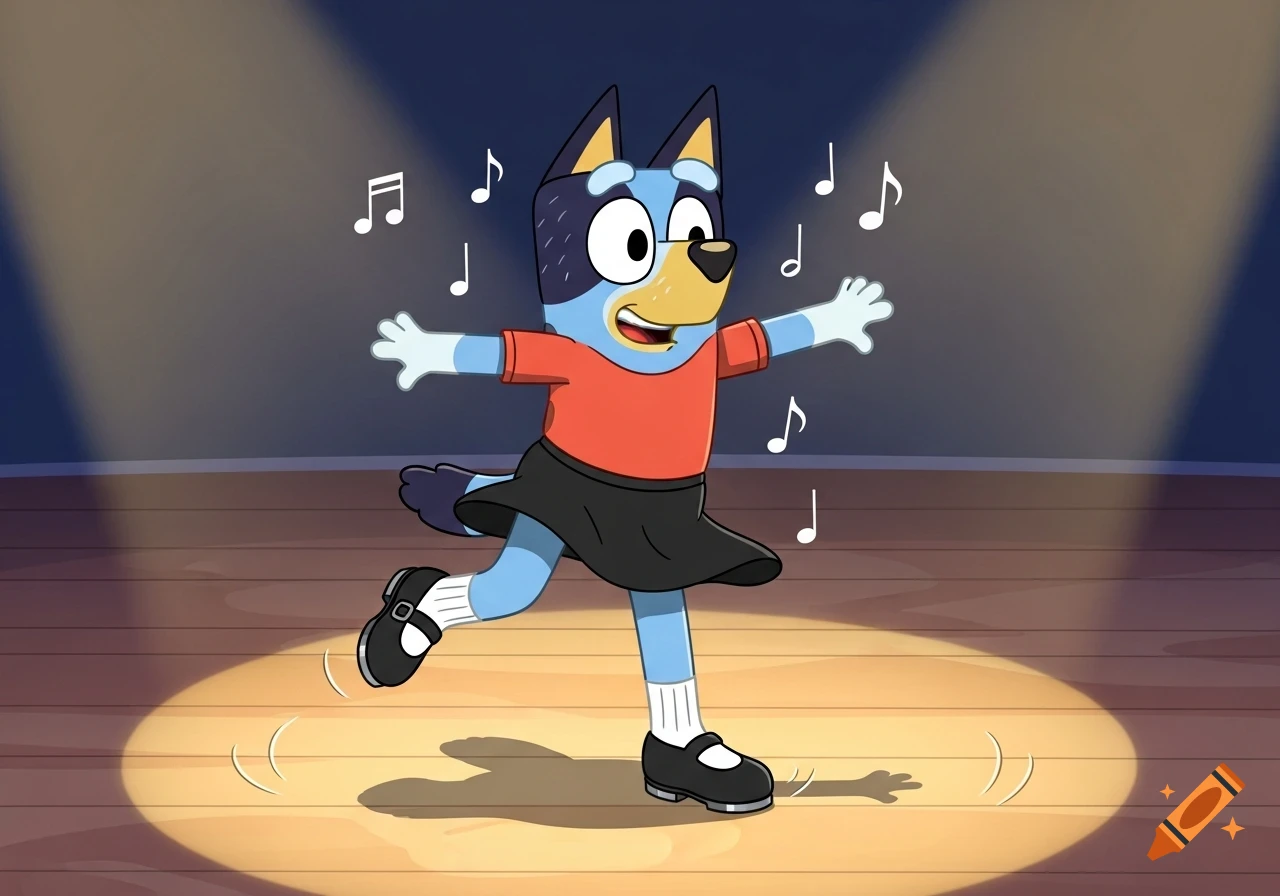 Bluey, a cartoon dog, tap dancing on a wooden stage in a spotlight, surrounded by musical notes.