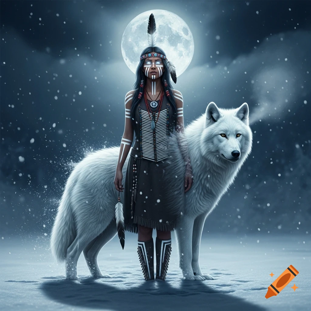 A photorealistic tribal woman with glowing eyes and body paint stands with a white wolf in a snowy landscape under a full moon.