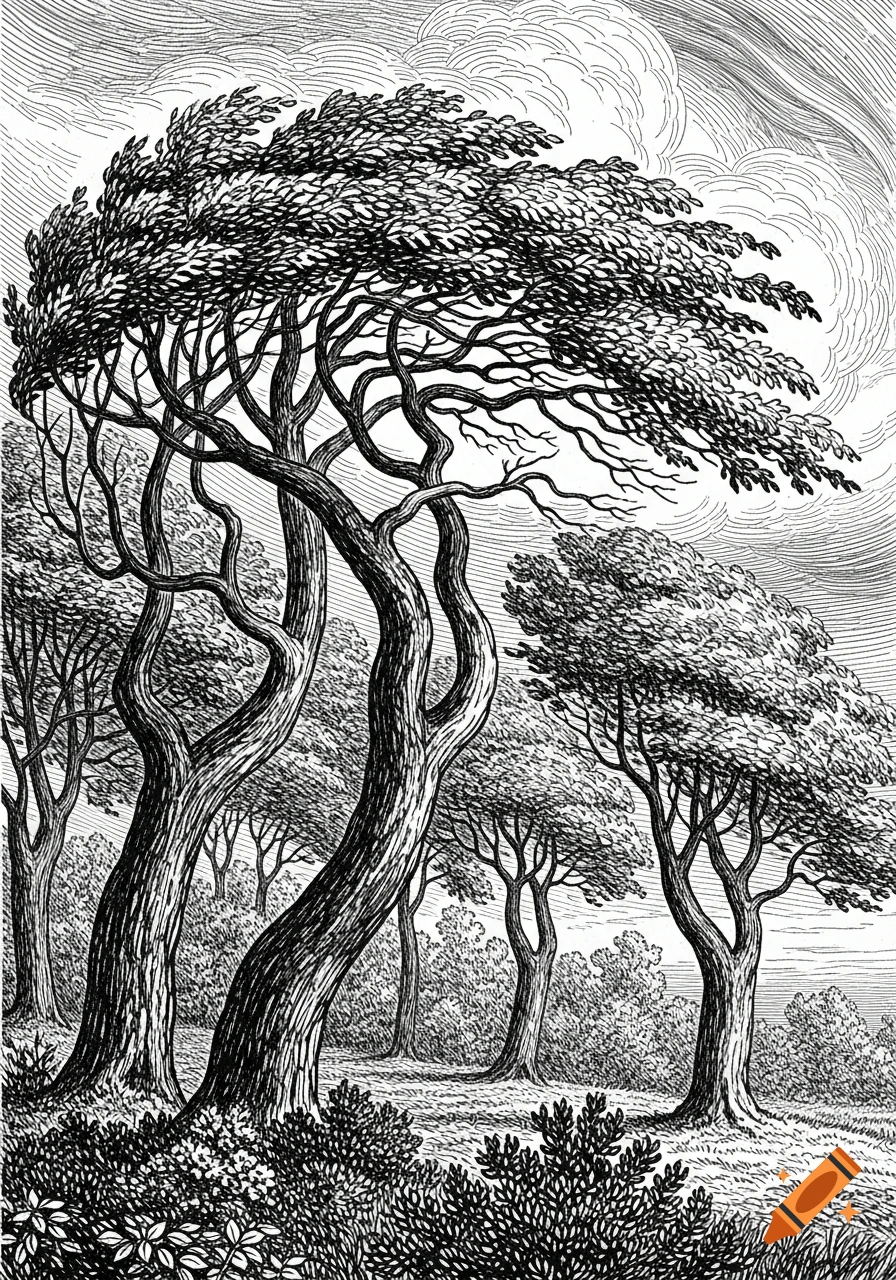 Black and white pen and ink drawing of a forest with trees bending in the strong wind under a cloudy sky.