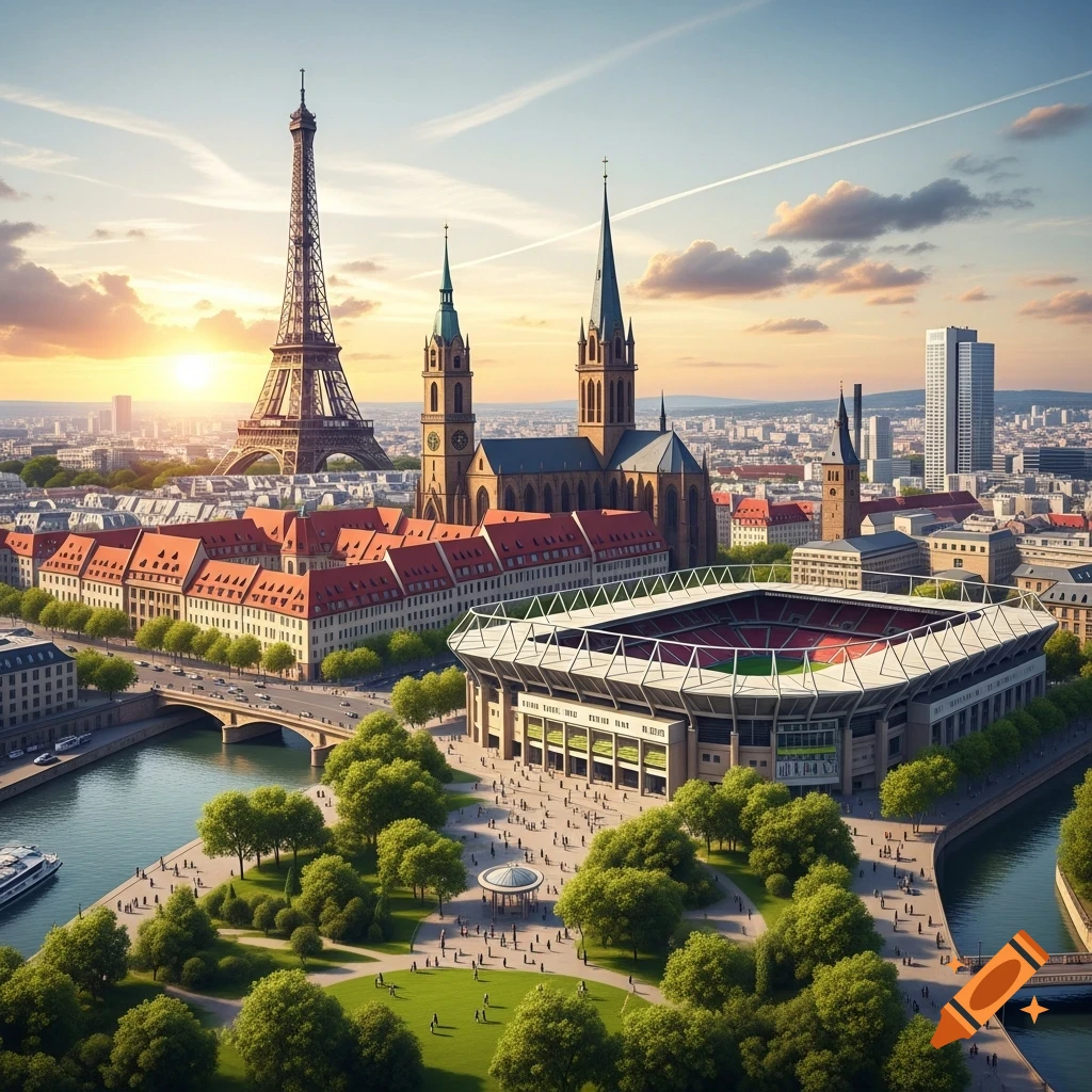 A scenic city panorama at sunset, featuring the Eiffel Tower, historic churches, and a modern football stadium alongside a river.