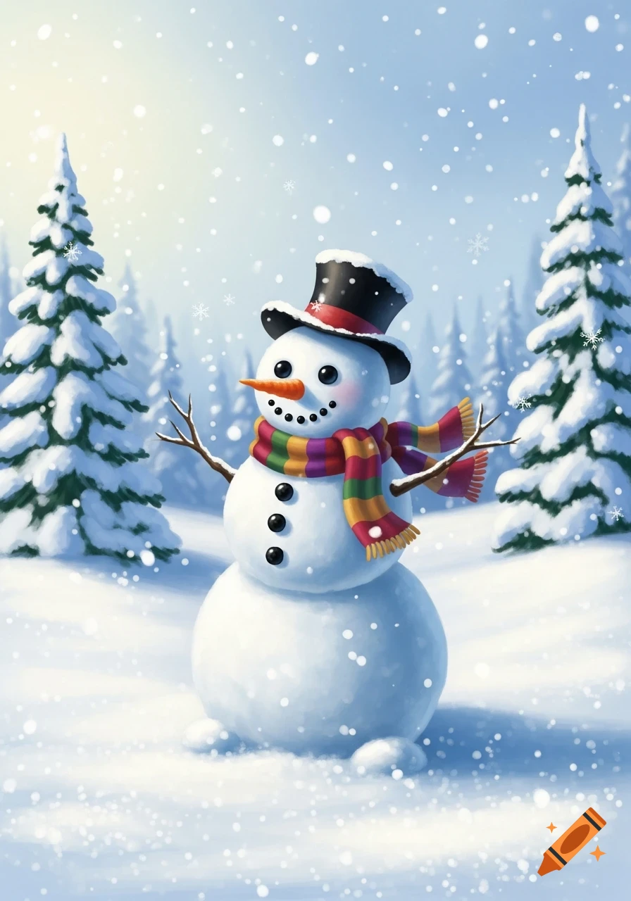 A cartoonish snowman with a top hat and colorful striped scarf stands in a snowy forest as snow falls.