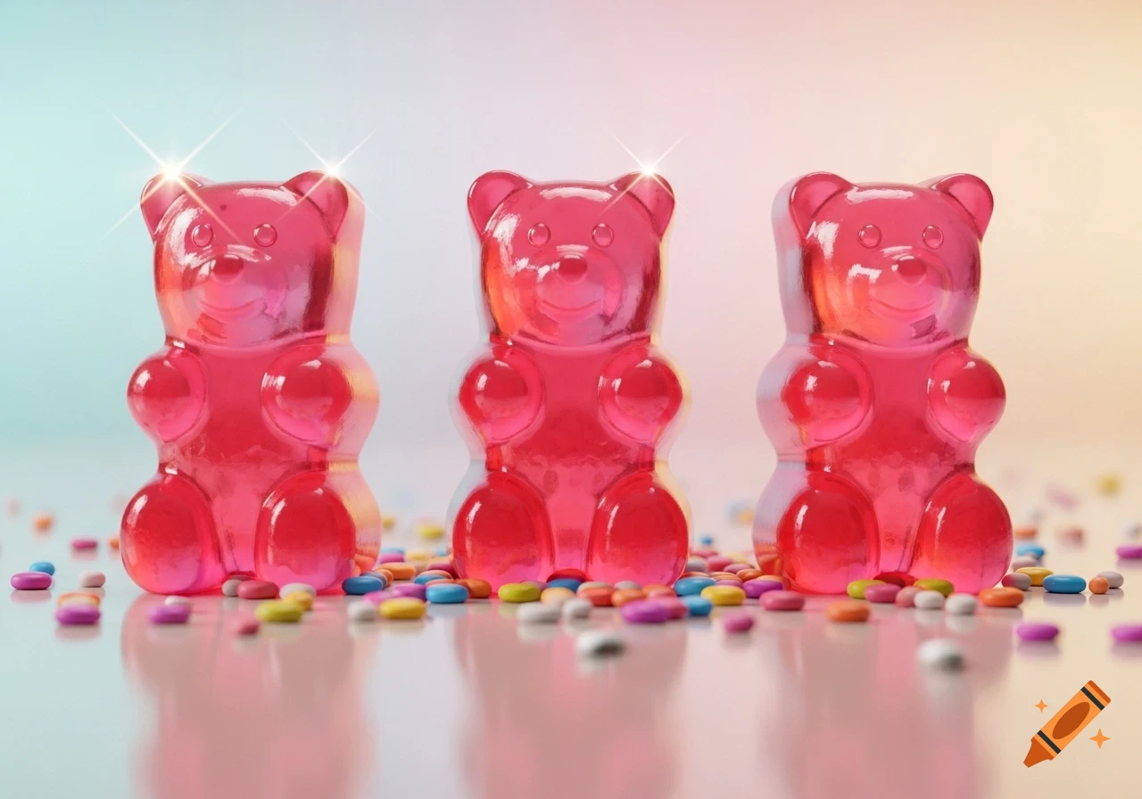 Three shiny pink gummy bears stand in a row on a reflective surface, surrounded by colorful candies against a gradient background.