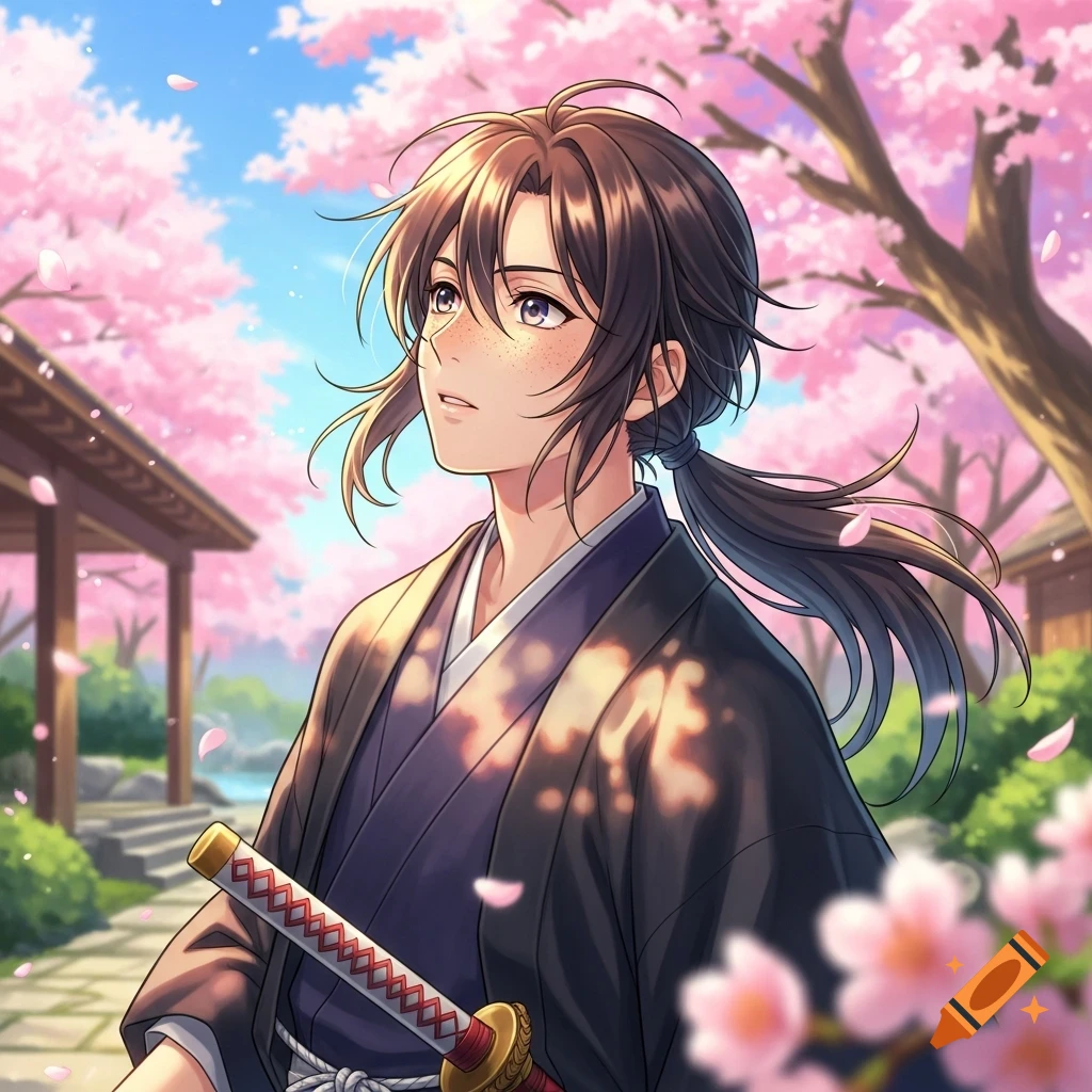 An anime-style young man with long dark hair and freckles, wearing a kimono and holding a katana, stands among cherry blossom trees.