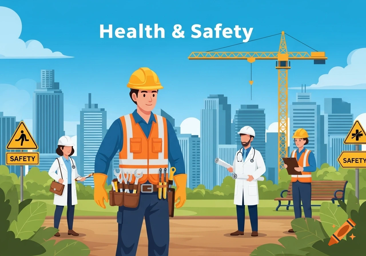 Illustration of a construction worker, female doctor, and male doctor with 'Health & Safety' text and warning signs against a city skyline.