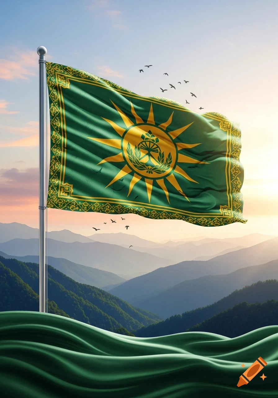 A green flag with a golden sun emblem waves on a pole over a scenic mountain range at sunrise, with birds flying.
