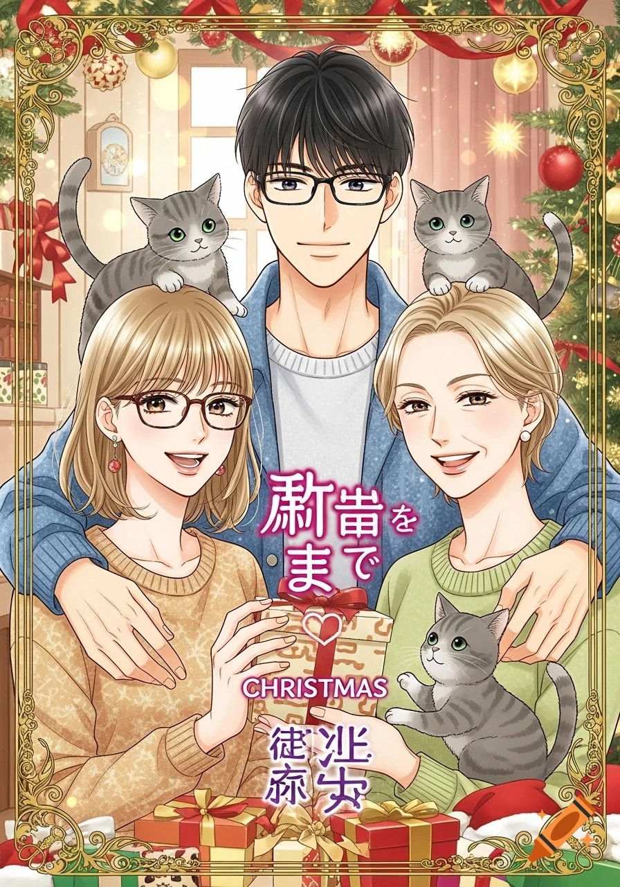 Manga-style illustration of a smiling man, two women, and three grey cats in a festive Christmas setting with gifts and a decorative frame.