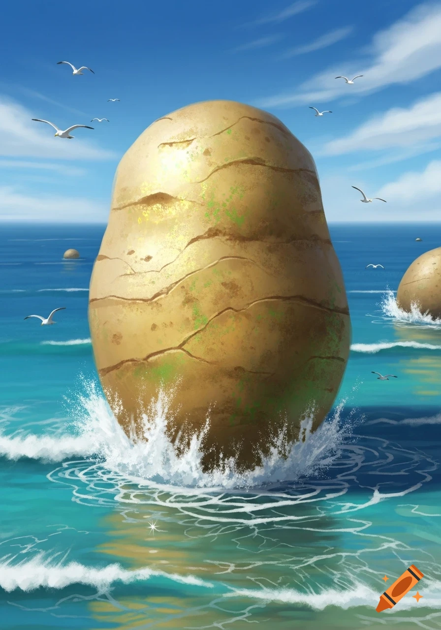 A giant potato-shaped rock rises from turquoise ocean waves, with seagulls flying under a blue sky, in an illustration.