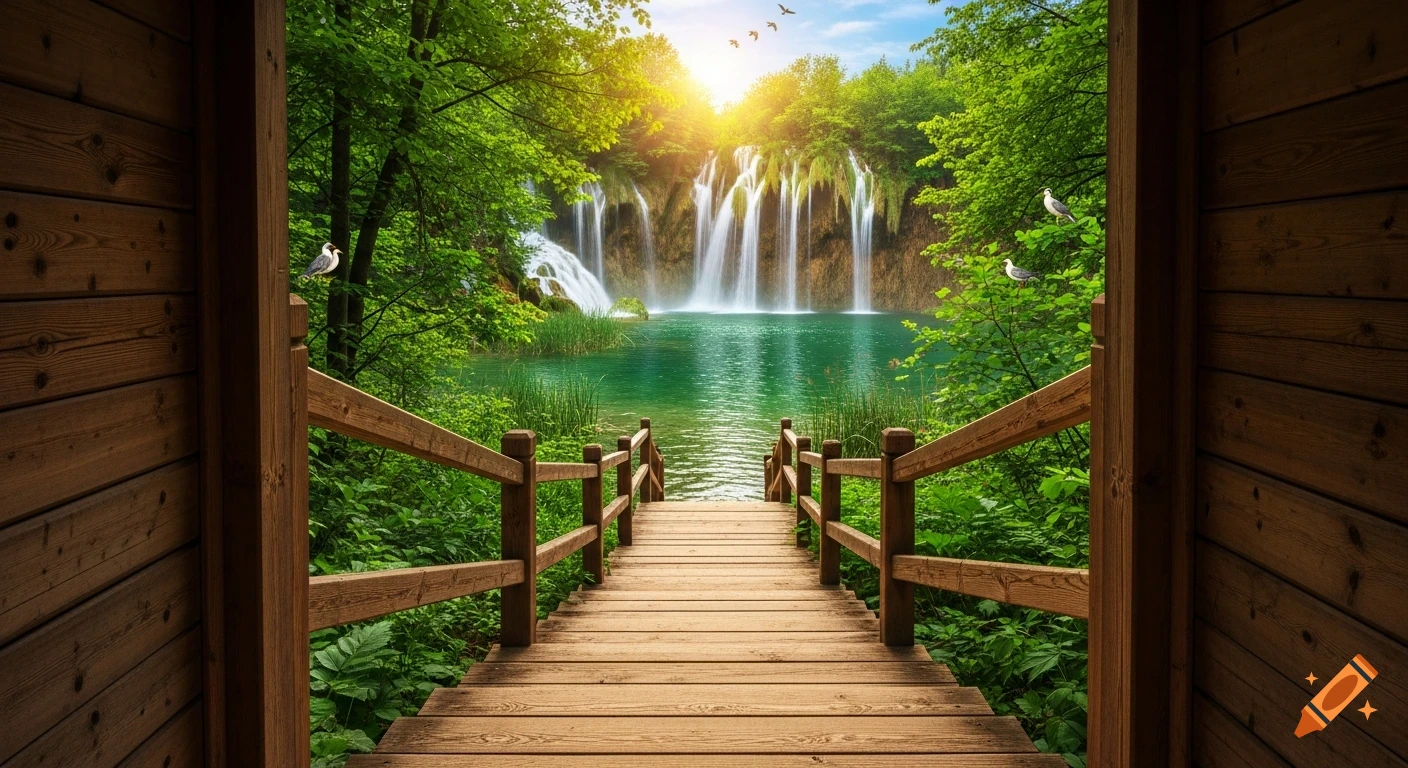 POV from a cozy wooden cabin looking out to a lush forest, a wooden path leading to a sparkling waterfall and pristine pond under a golden sunset, birds flying, photorealistic style.