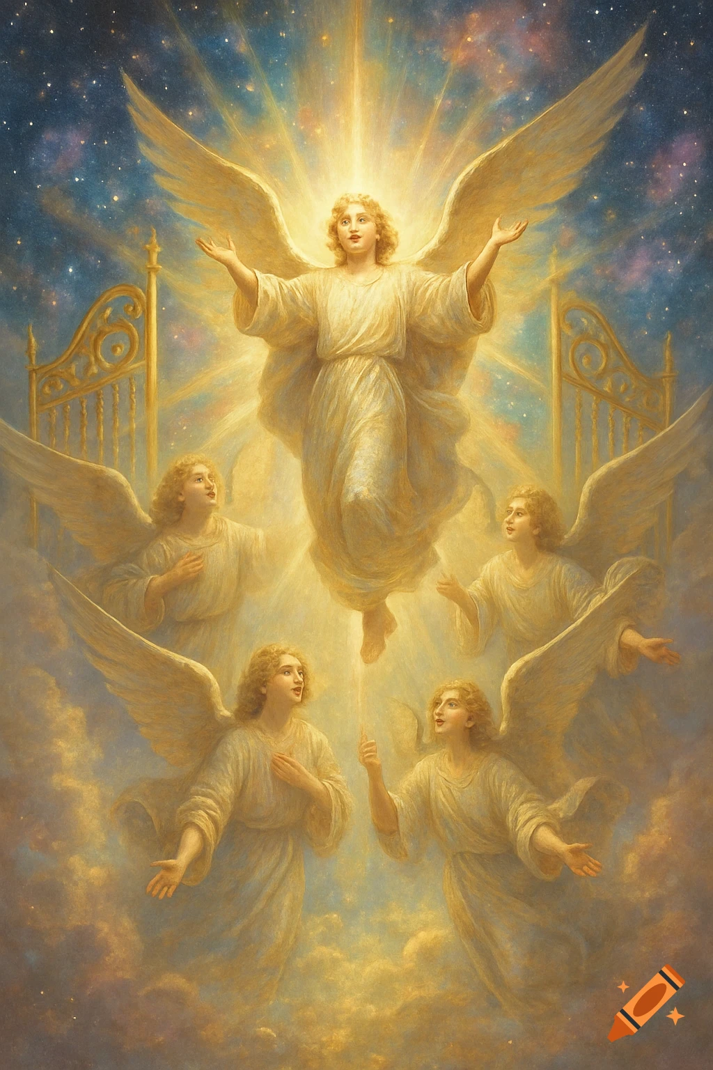 A radiant angel ascends in a burst of light between golden gates, surrounded by four awe-struck angels in a starry, ethereal sky.