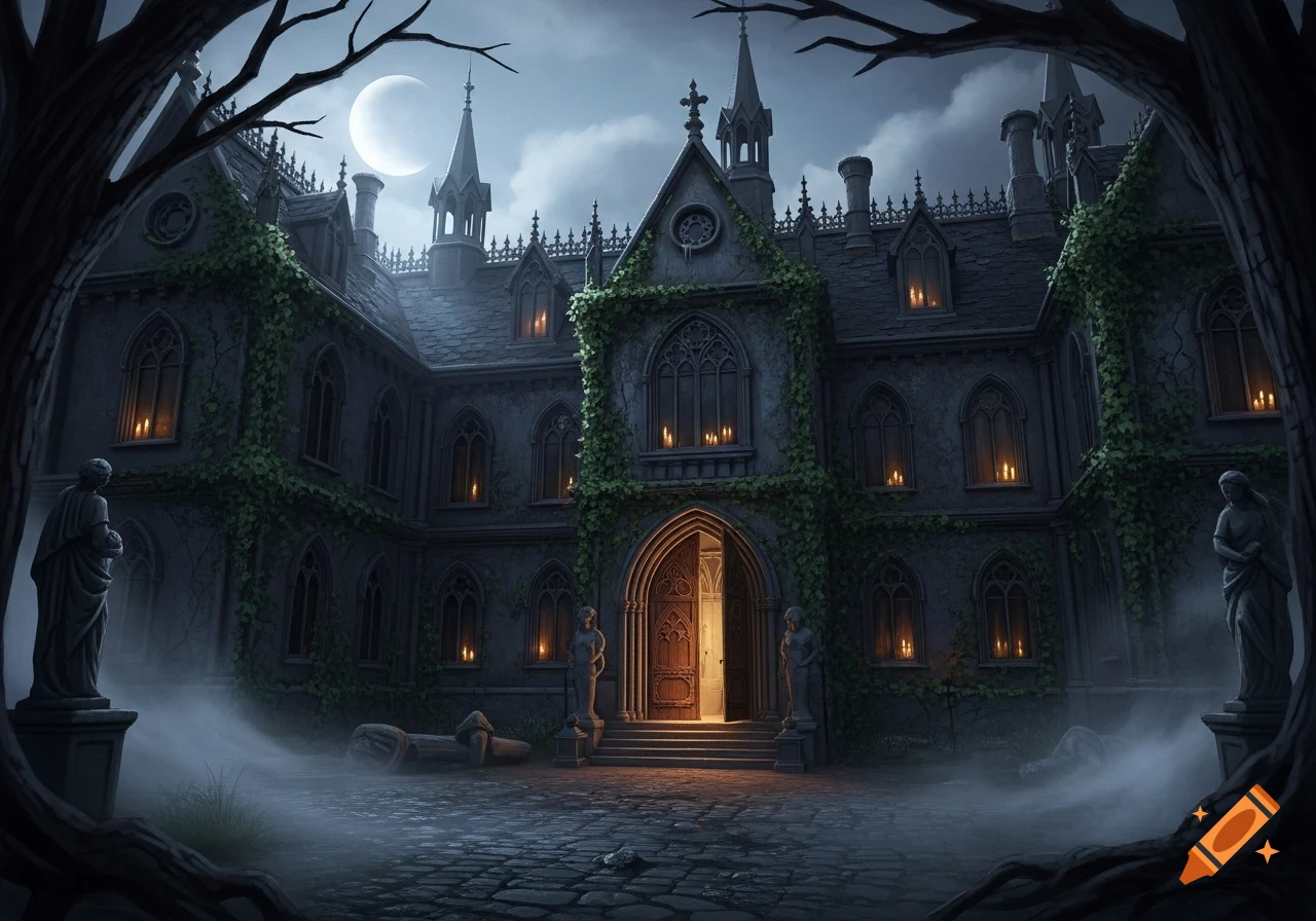 Mysterious gothic mansion at night, shrouded in mist, with a full moon and illuminated windows, framed by dark tree branches.