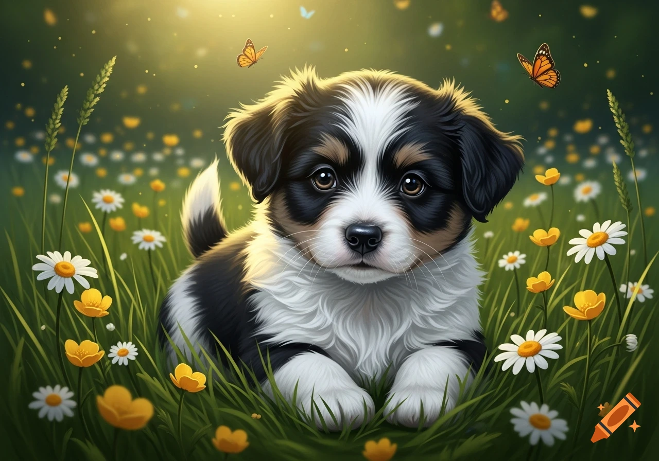 A fluffy black, white, and brown puppy sits in a sunny field of white and yellow daisies and buttercups with butterflies.