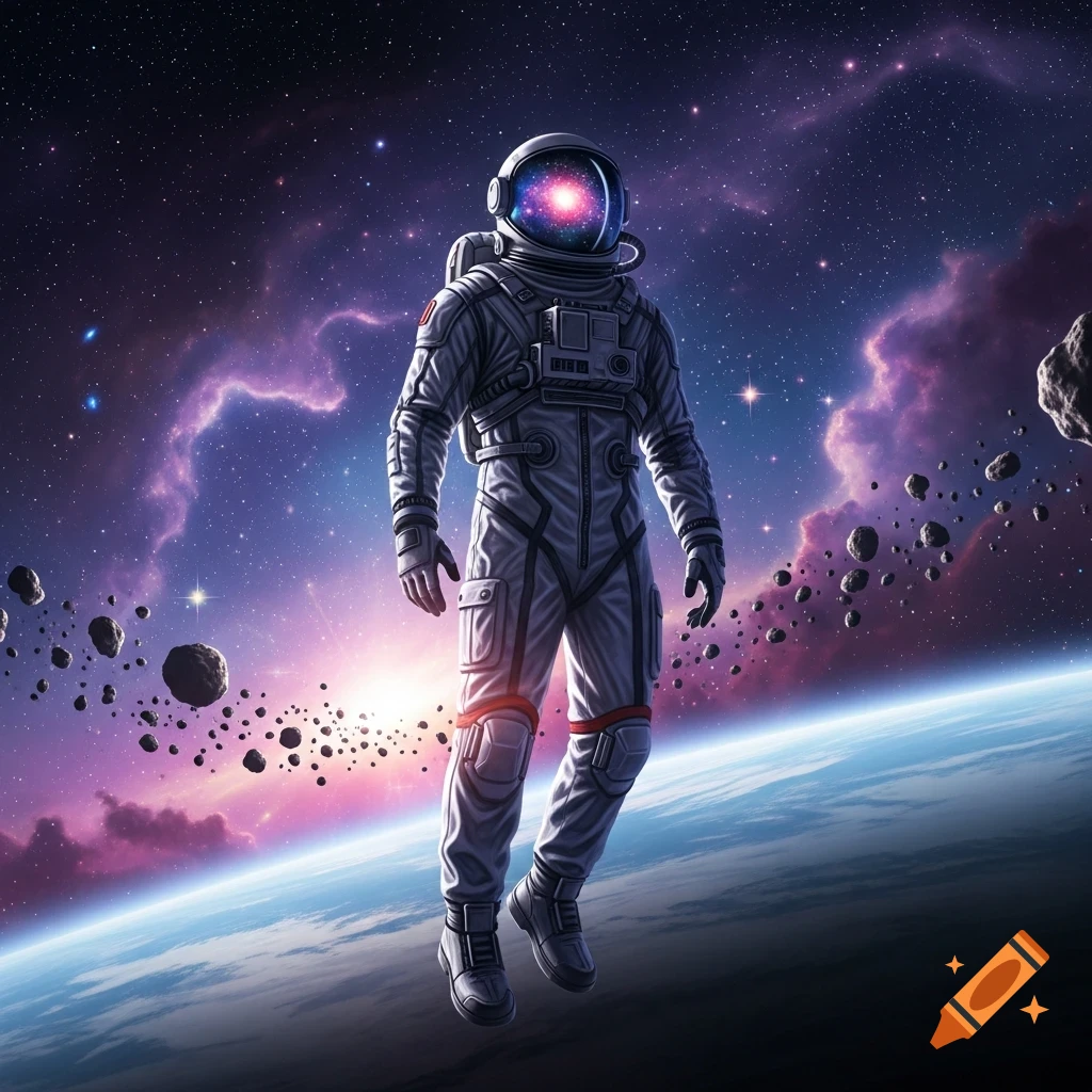 An astronaut floats above a planet, surrounded by asteroids and a vibrant nebula in deep space.