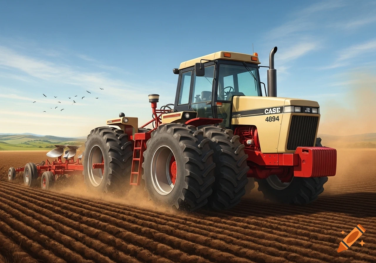 A photorealistic JI Case 4894 tractor with dual rear wheels plows a field under a clear blue sky, kicking up dust.